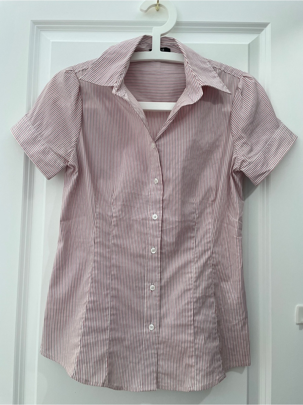 Jacob Pink and White Striped Short-Sleeve Button Blouse
